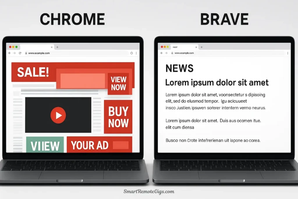 A direct comparison showing a news website in Chrome full of ads versus the same site in Brave looking clean and ad-free.