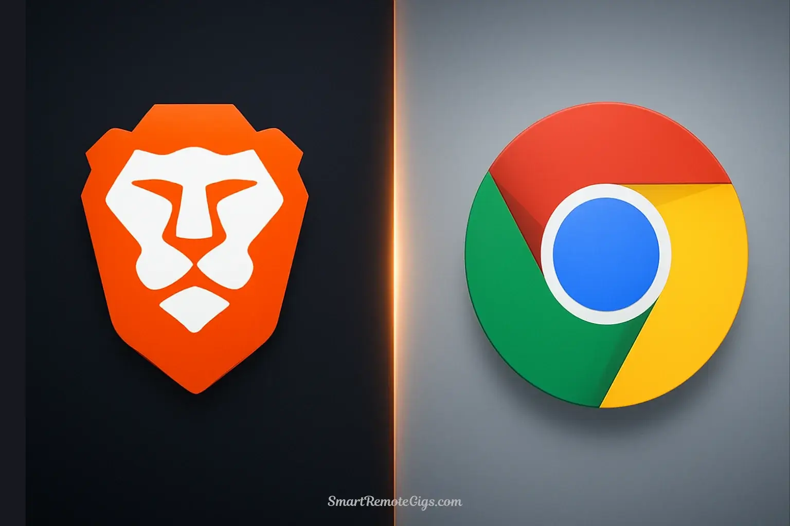 A split image comparing the Brave browser logo and the Google Chrome logo, representing the Brave vs. Chrome article for digital minimalists.