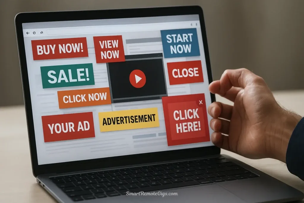 A cluttered and chaotic web browser filled with ads and pop-ups, representing the digital noise that a minimalist browser like Brave aims to solve.