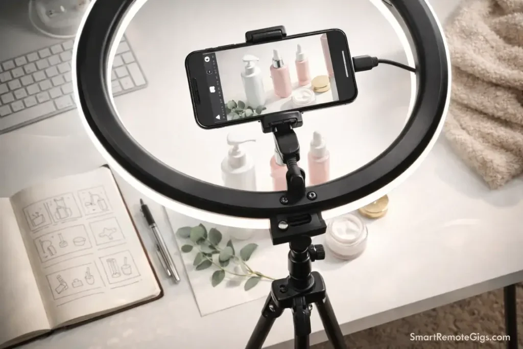 A flat-lay photography setup with an iPhone and skincare products, representing a batch content creation session.