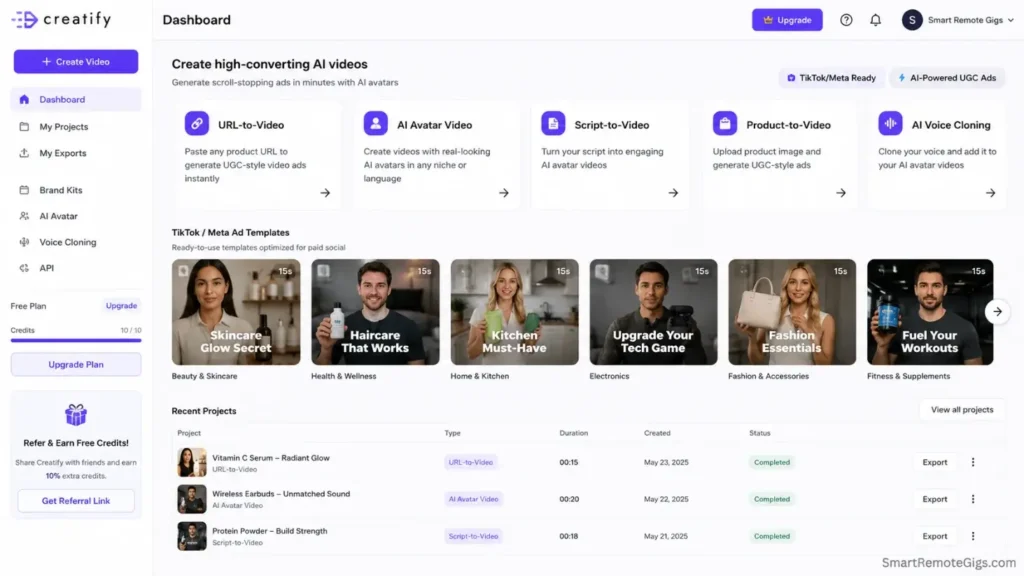 Screenshot of the Creatify AI platform showing the URL-to-video feature specifically generating UGC-style paid ad creatives.