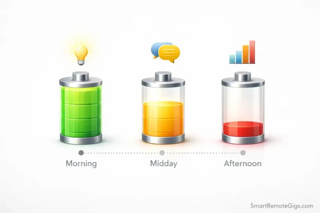 A battery timeline visualization showing energy levels depleting from creative morning to analytical afternoon.