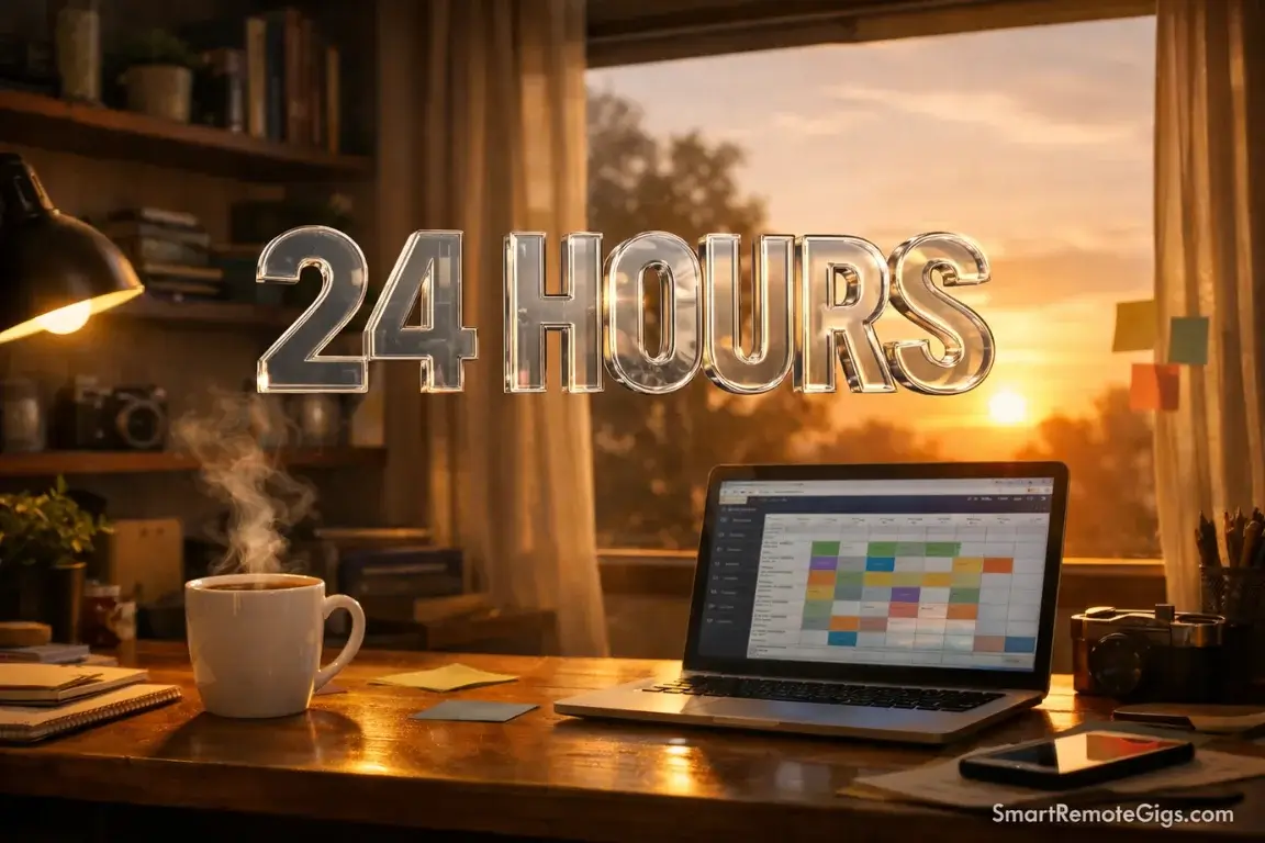 A cozy home office at sunrise with coffee and a laptop, representing the start of a remote social media manager's day.