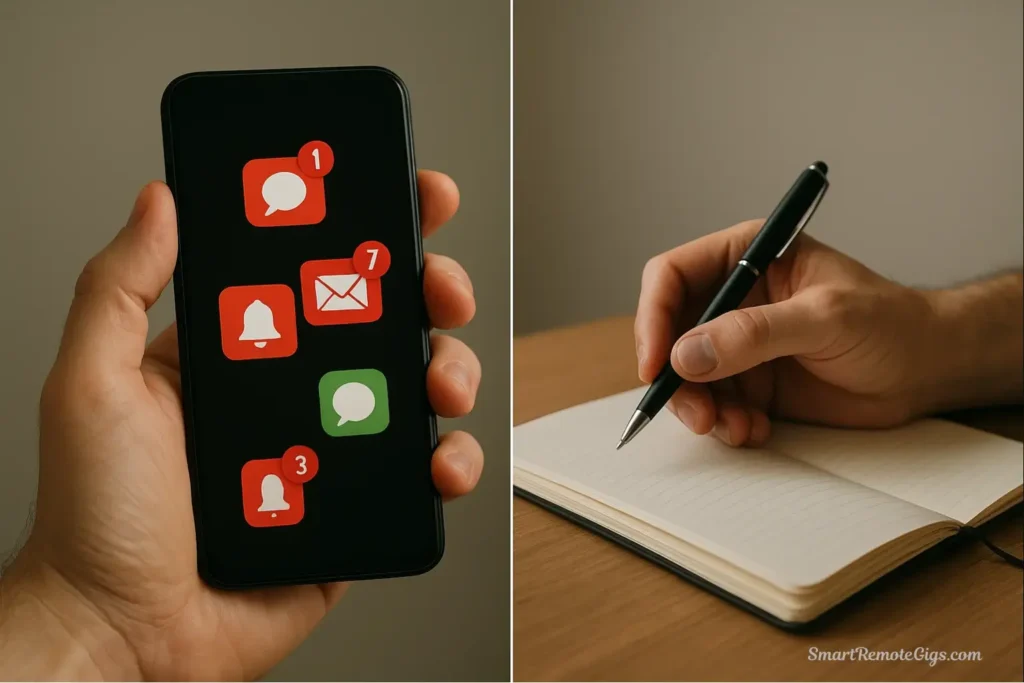 A before-and-after visual of the digital declutter process, showing a transition from a hand holding a chaotic smartphone to a hand holding a pen over a journal.