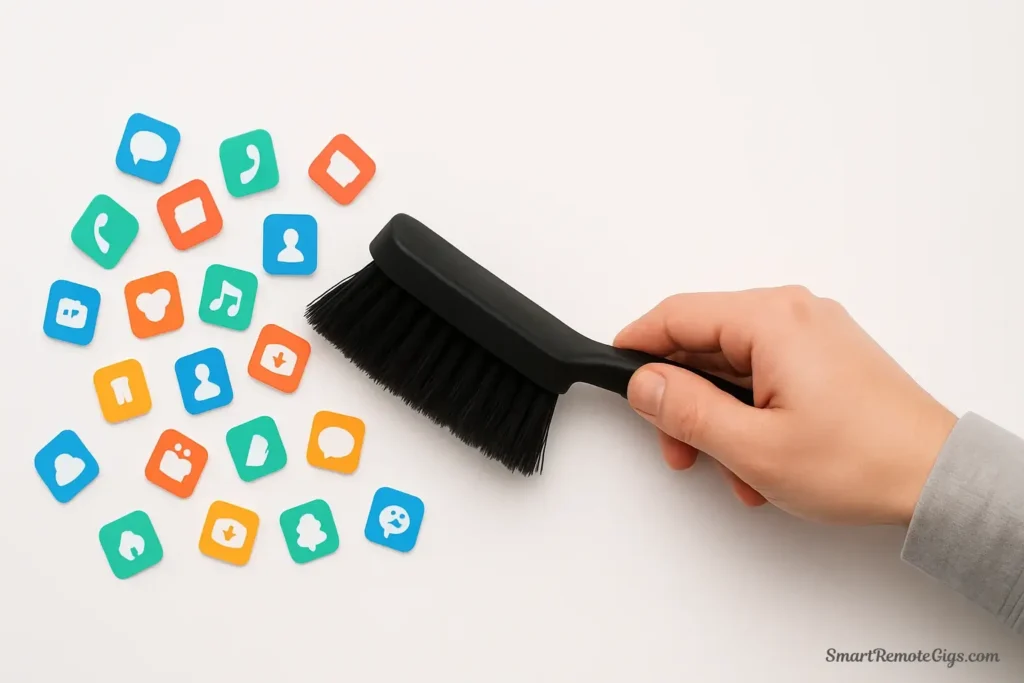 A hand sweeping away a clutter of app icons, symbolizing the powerful reset of the Digital Declutter, a key idea from Cal Newport's book.