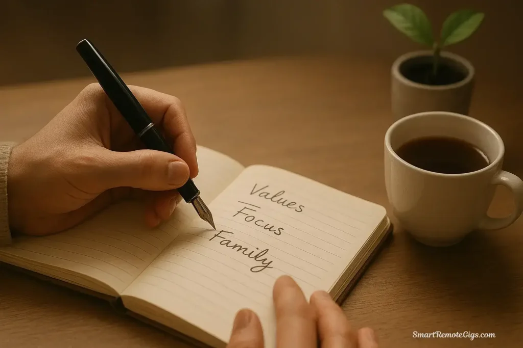 A person writing down their core values in a journal, the first step in the 30-day digital declutter challenge.