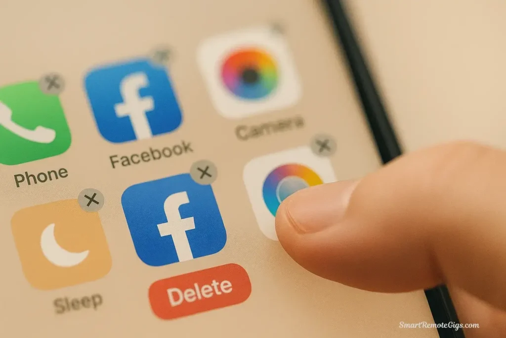A person deleting distracting social media apps from their smartphone, a key action in Step 2 of the digital declutter.