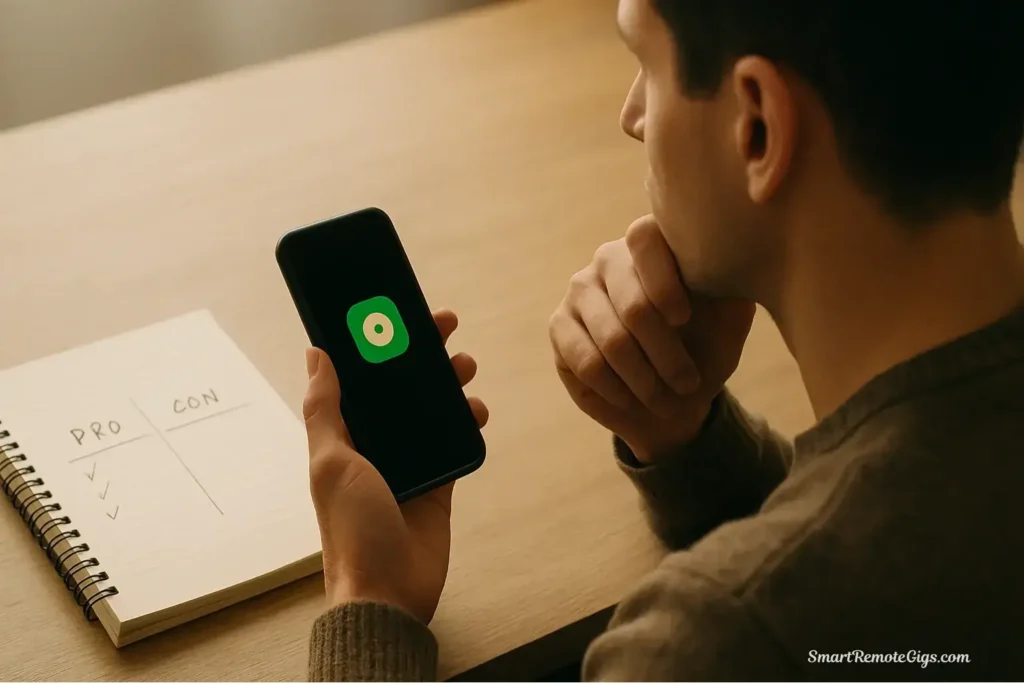 A person thoughtfully considering whether to reinstall an app, demonstrating the mindful reintroduction phase of the digital declutter.