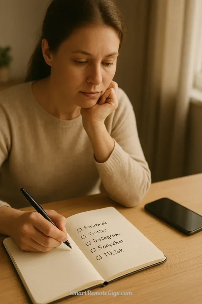 A person using a journal and checklist to mindfully decide which apps to reinstall, the core action of the reintroduction phase in Step 4.