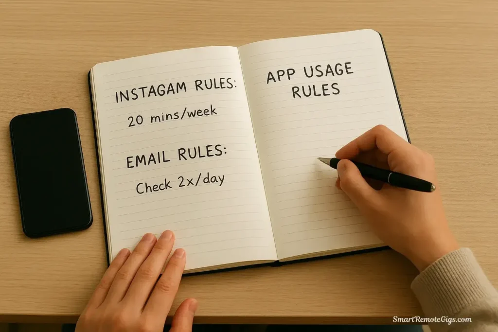 A person writing down their new rules for technology use in a journal, the final step of the 30-day digital declutter.