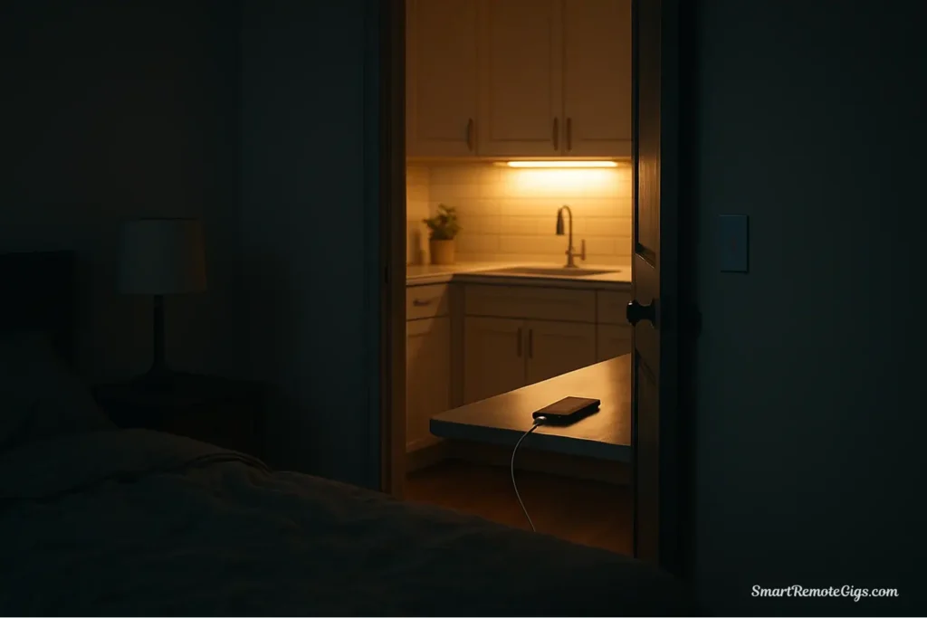 A smartphone charging in a kitchen, separate from the bedroom, demonstrating a tip for redesigning your digital environment for better sleep and focus.