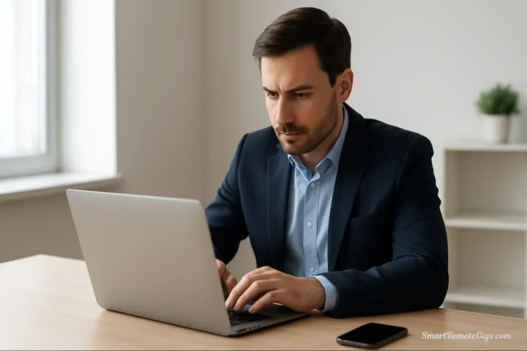 A focused professional practicing digital minimalism at work by concentrating on a single task in a calm, uncluttered office environment.