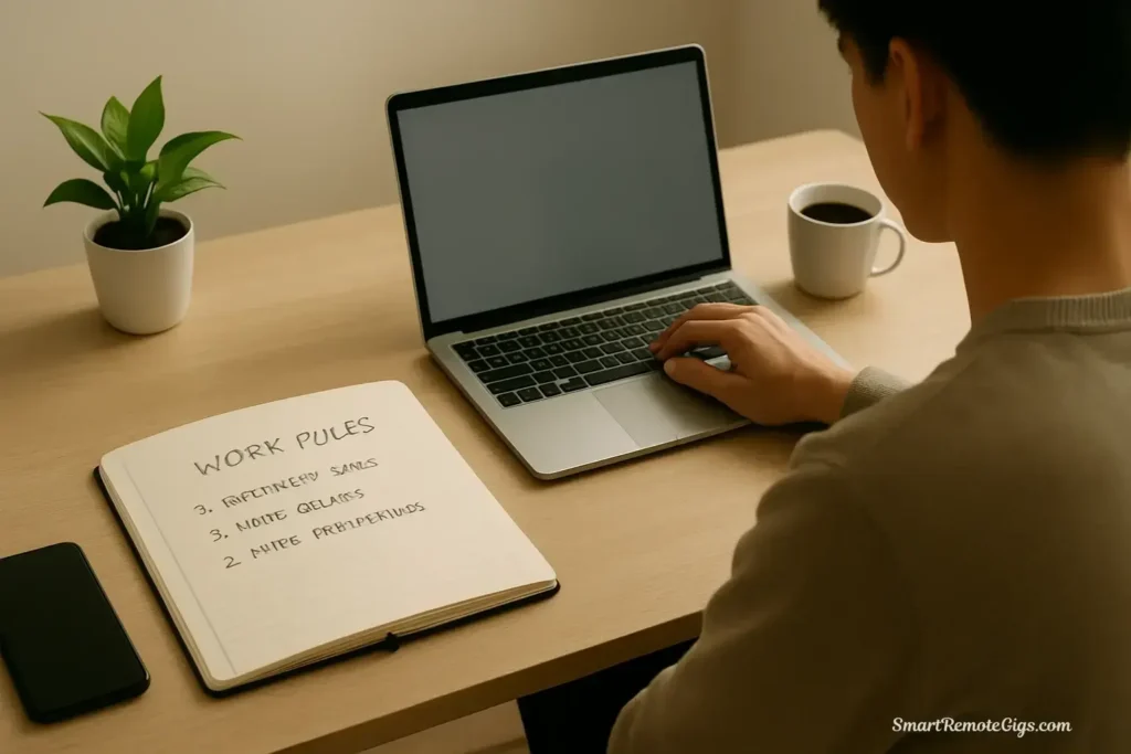 A professional practicing daily digital minimalism habits by keeping their phone put away while working in a focused environment.