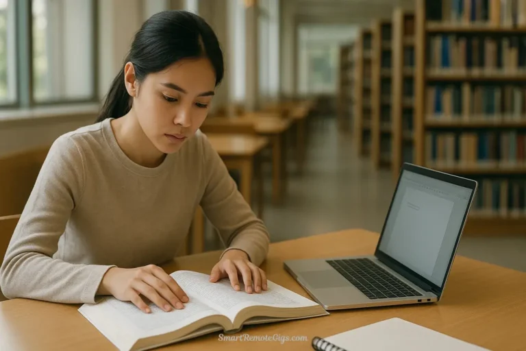A student practicing digital minimalism by studying intently from a textbook in a quiet library, free from digital distractions.