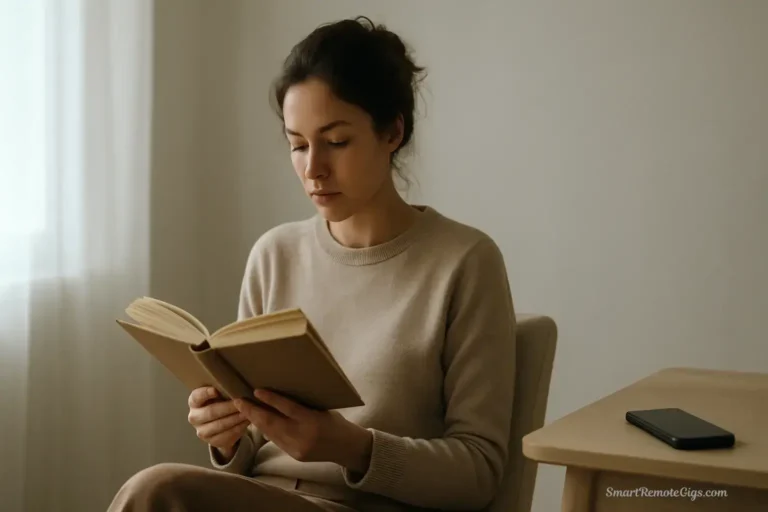 A person enjoying a focused life by reading a book in a calm, minimalist room, demonstrating the principles of this digital minimalism guide.