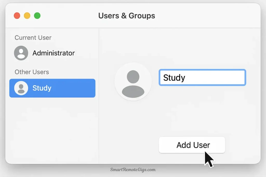 Creating a new 'Study' user profile on a computer, Step 1 in the guide to building a distraction-free digital environment.