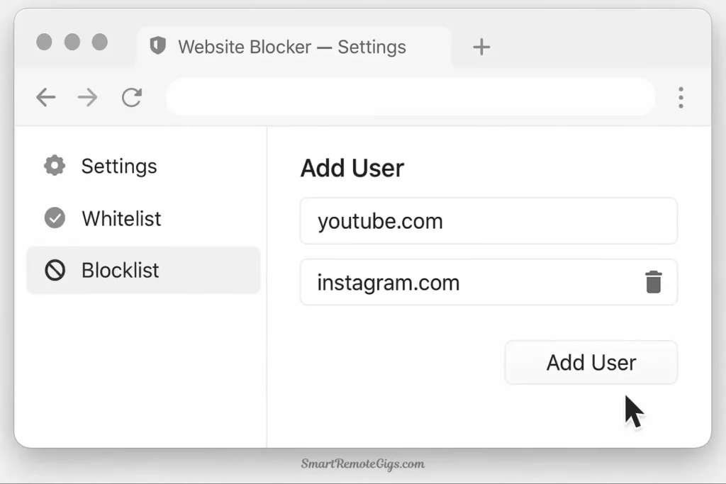Using a website blocker extension to block distracting sites, Step 2 in configuring a 'Focus Browser' for studying.