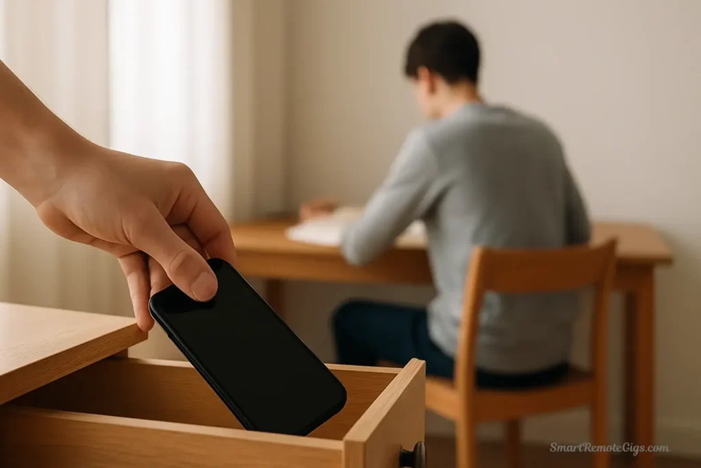 A student putting their smartphone in a drawer, demonstrating the 'physical separation' in Step 3 for focused studying.