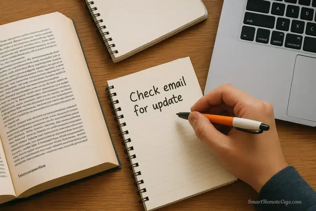A student writing a distracting thought on a notepad—the 'Analog Companion' method—to maintain focus during study, as described in Step 4.