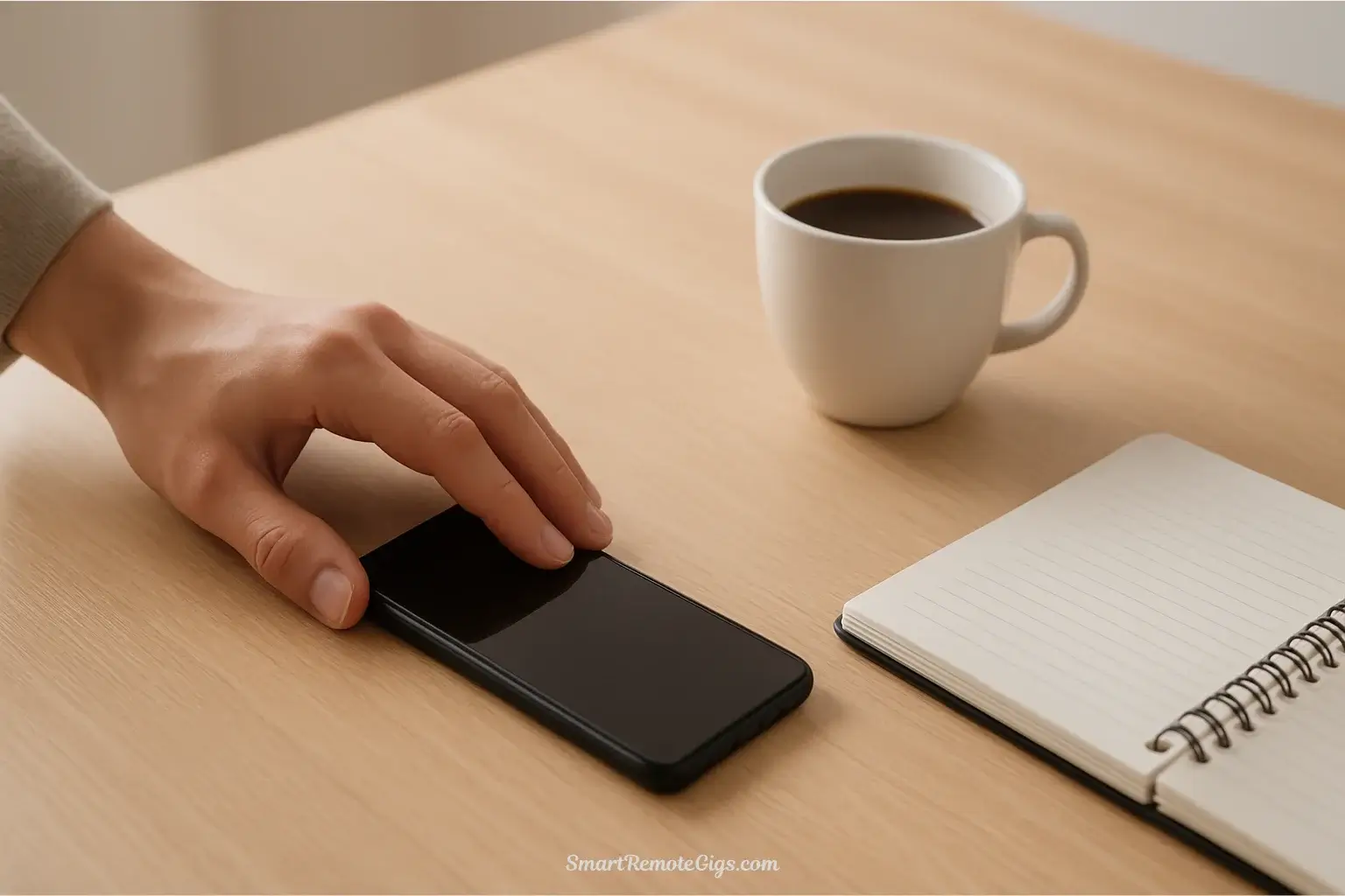 A person implementing digital minimalism tips by placing their phone face down on a desk to focus on their work.