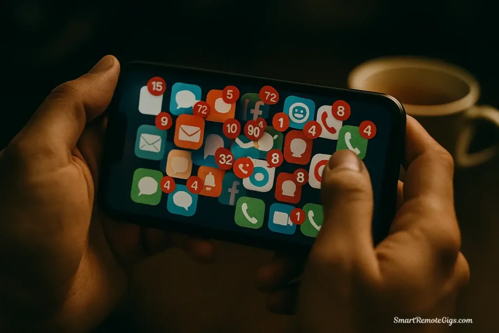 A smartphone screen displaying a chaotic mess of notifications, representing the digital noise and overwhelm that digital minimalism aims to solve.