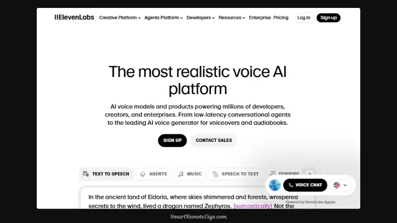 A screenshot of the ElevenLabs AI voice generator interface, showing the clean text input area and the dropdown menu for voice selection.