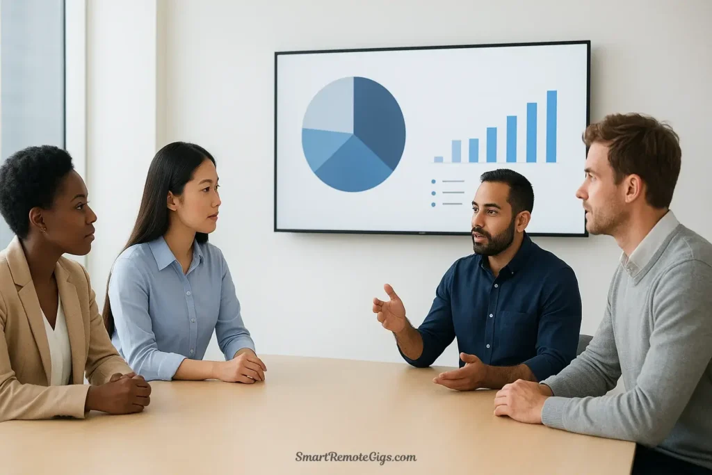 A focused and productive team meeting in a minimalist office, demonstrating the positive culture created by digital minimalism for managers.