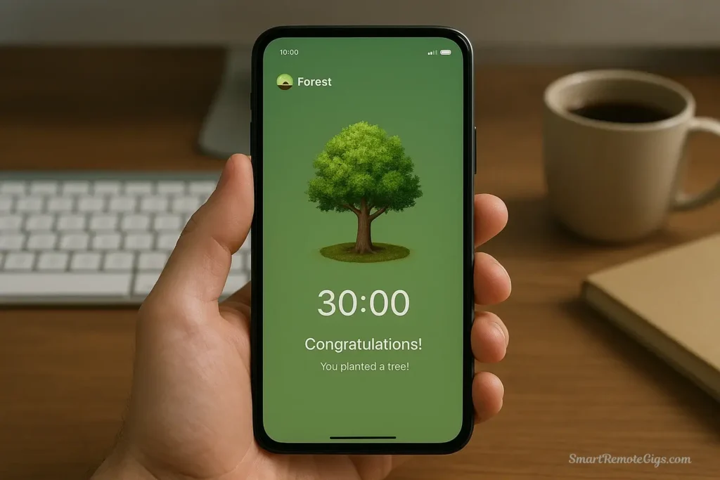 The Forest app showing a successfully grown tree, a gamified focus timer that helps digital minimalists stay off their phone.