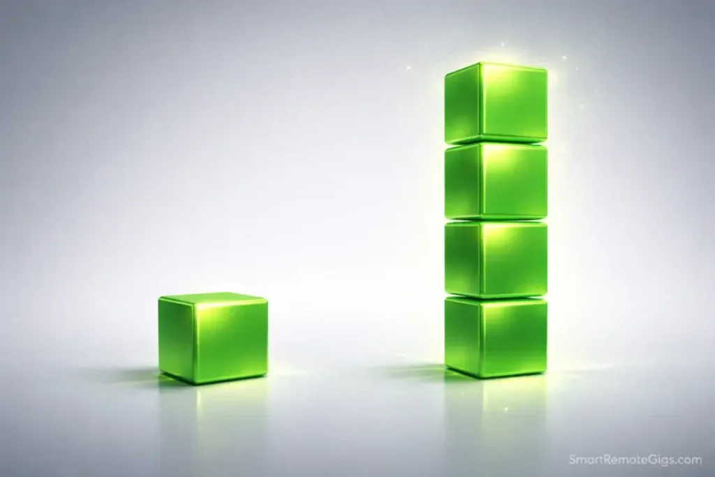 A visual comparison of a single salary cube versus a stack of four client cubes, representing the freelance income multiplier.