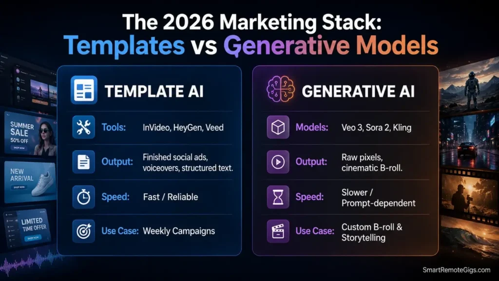 Comparison infographic showing the difference between Generative AI models like Sora and Template AI platforms like InVideo for marketers.