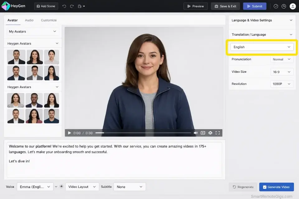 HeyGen AI avatar studio interface showing script input and the multi-language translation dropdown for B2B marketing.
