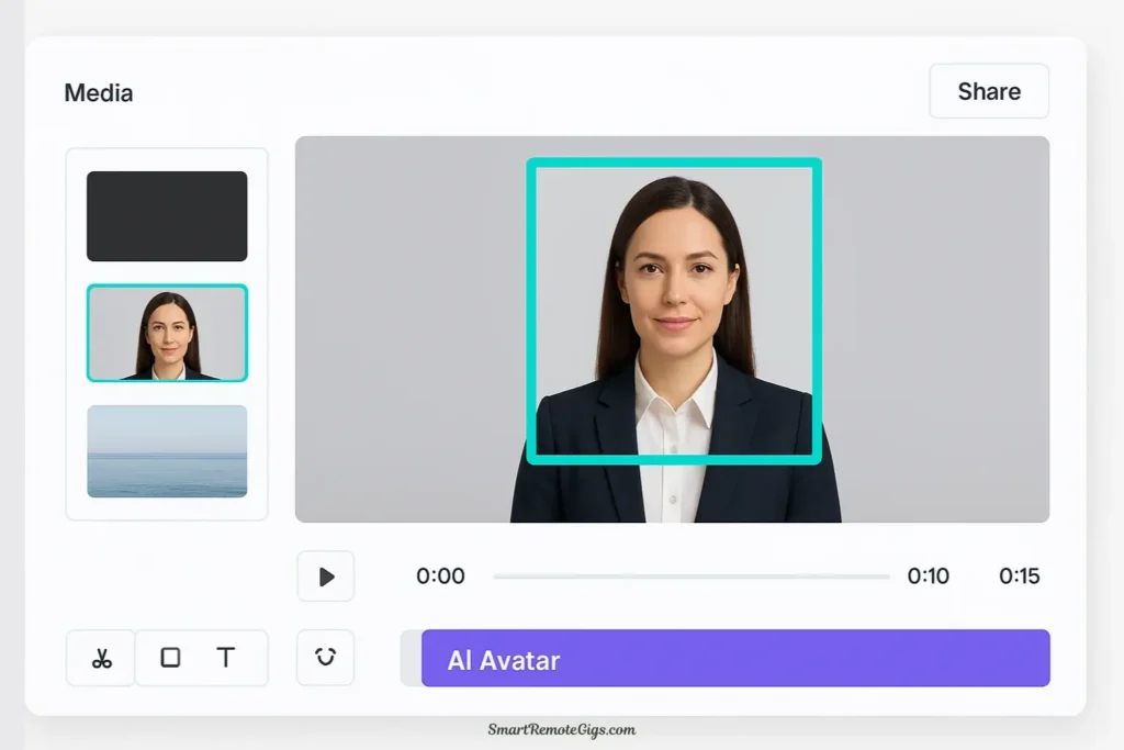A screenshot of the HeyGen platform demonstrating a professional AI spokesperson avatar being used in a marketing video, perfect for product explainers.