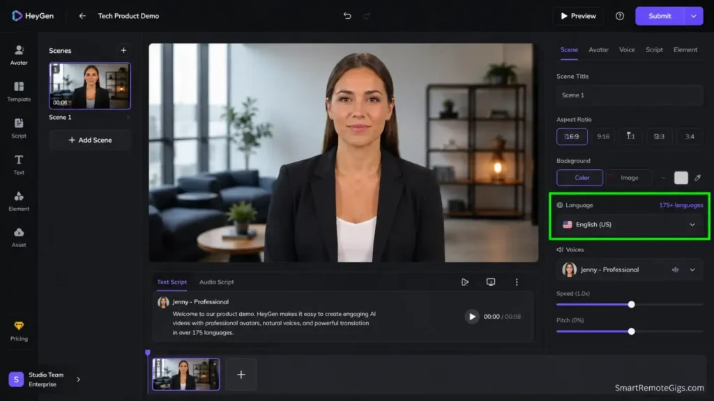 Screenshot of the HeyGen interface showcasing the AI avatar selection and the Instant Dubbing 3.0 language translation menu.