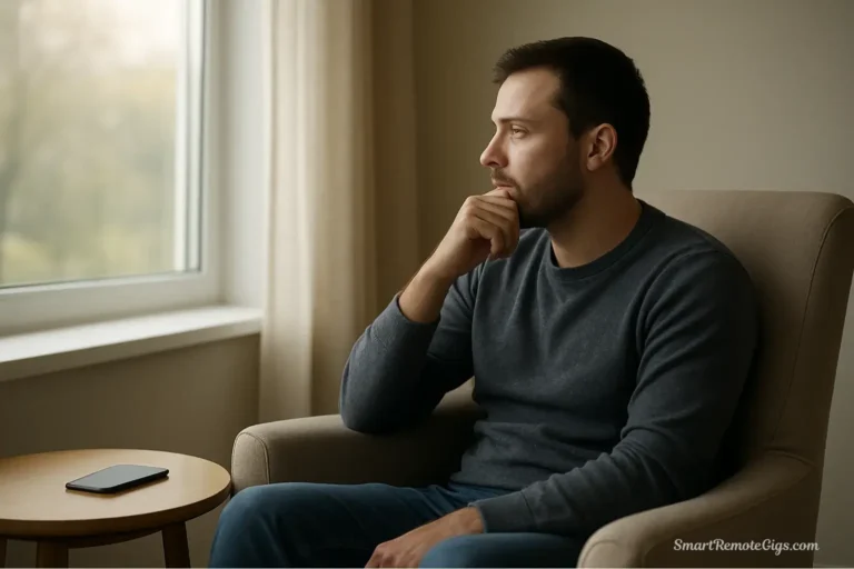 A person peacefully reflecting by a window, having successfully completed a digital declutter to reclaim their focus and attention.