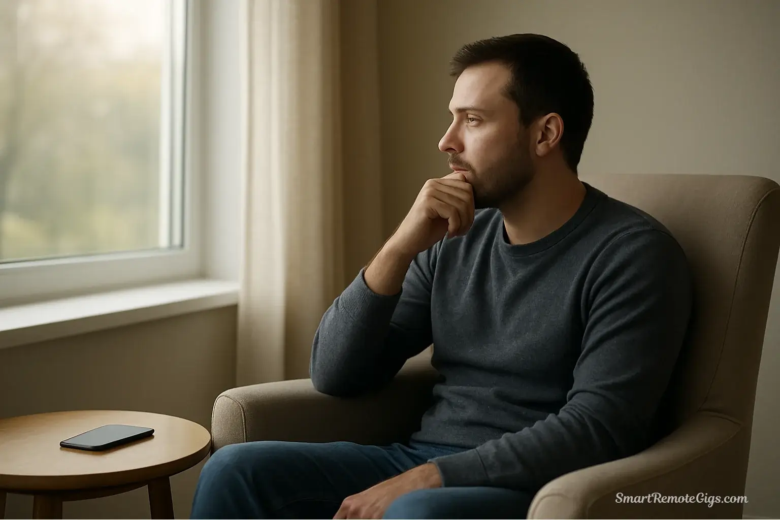 A person peacefully reflecting by a window, having successfully completed a digital declutter to reclaim their focus and attention.