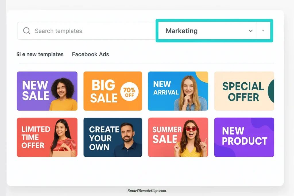 A screenshot of the InVideo AI platform showcasing its extensive library of professionally designed video templates for marketing and social media ads.