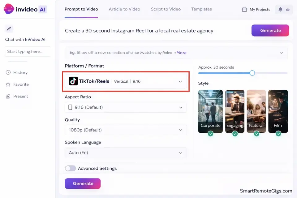 The InVideo AI interface showing a prompt for a real estate marketing video with social media formats highlighted.