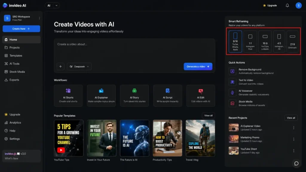 Screenshot of the InVideo AI interface highlighting the social media template selection and direct publishing features.