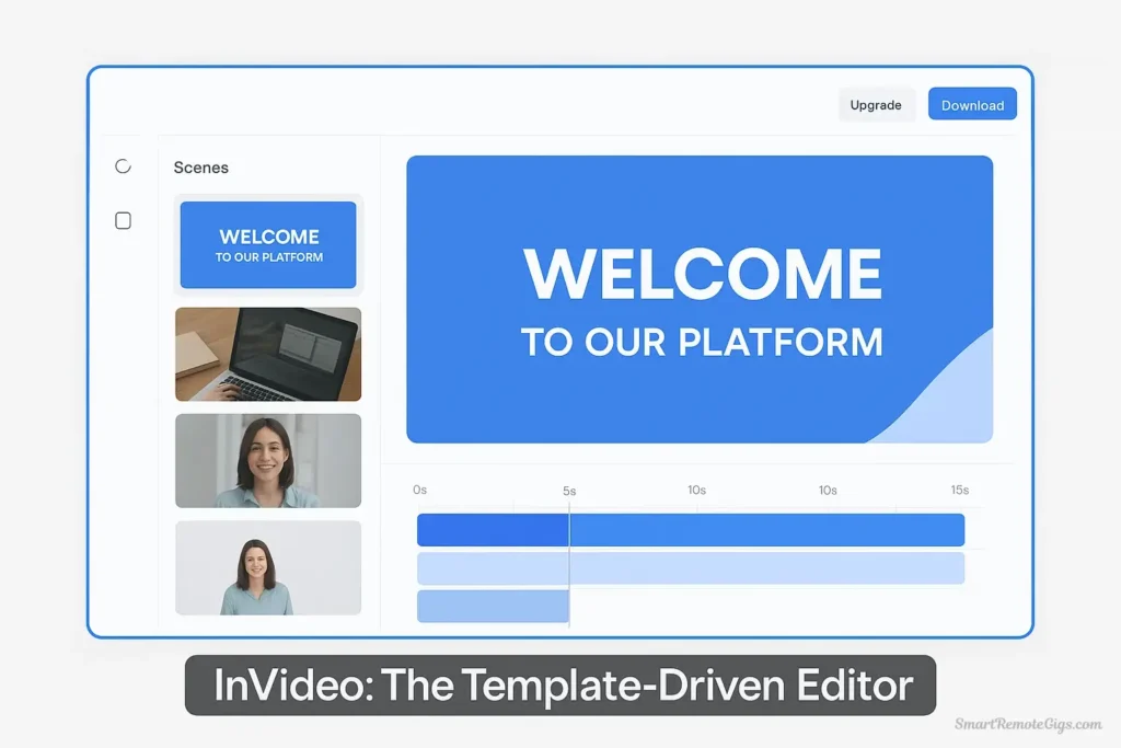 A screenshot of the InVideo user interface, highlighting its scene-based, template-driven editing workflow.