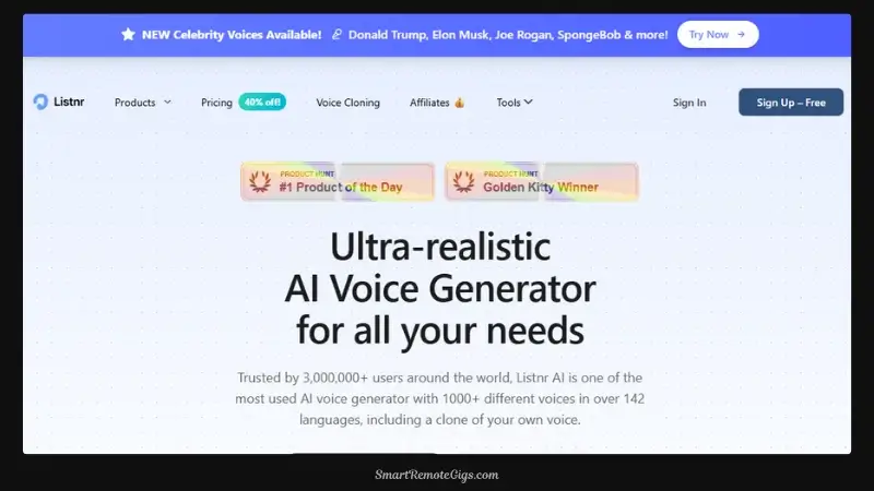 A screenshot of the Listnr text-to-speech editor, showcasing its simple interface designed for creating voiceovers for podcasts and videos.