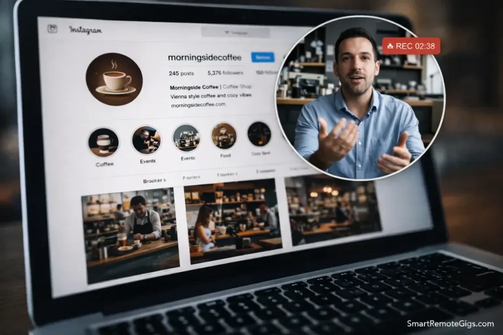 A laptop screen showing a video audit being recorded over an Instagram profile, representing the "Value Audit" outreach strategy.