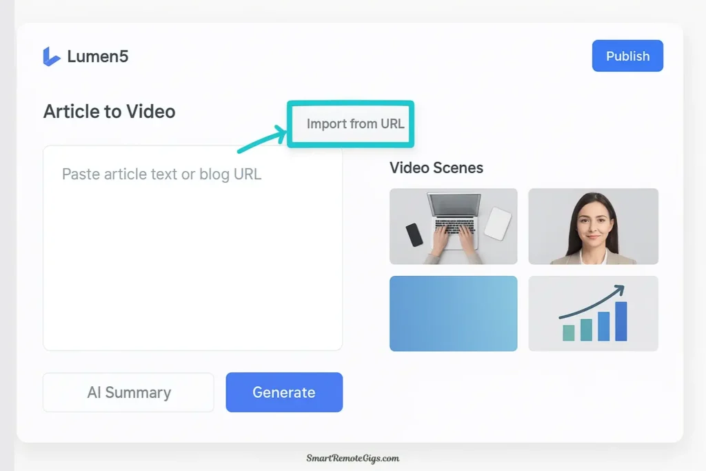 A screenshot of the Lumen5 user interface showing its AI content repurposing feature, which transforms a blog post into a marketing video for social media.