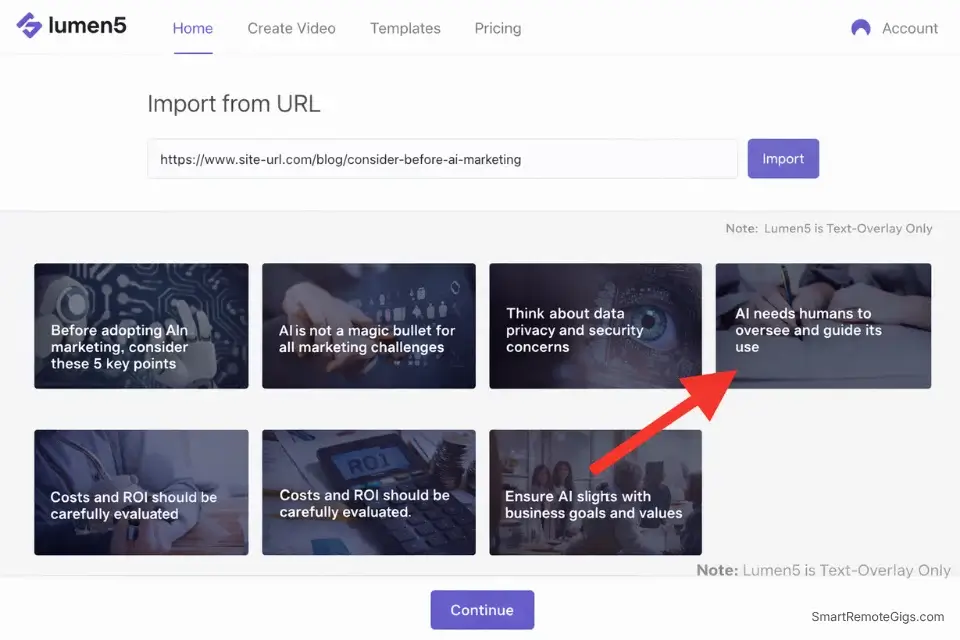Lumen5 dashboard showing the blog-to-video storyboard import feature without voiceover capabilities.
