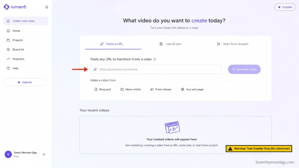 Screenshot of Lumen5 showing the URL-to-video feature that turns blog posts into text-overlay social media videos.