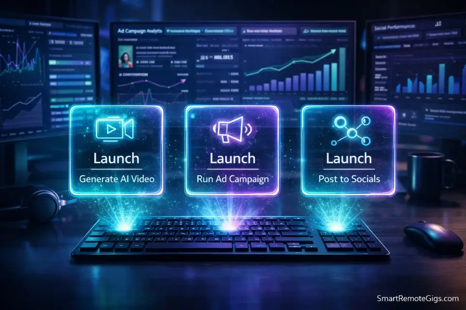 3D illustration of a marketer's desk with three glowing launch buttons representing quick-win AI video strategies.