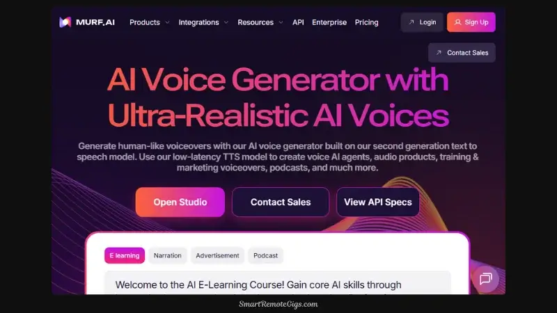 A screenshot of the Murf.ai Studio interface, showing the script editor, voice library, and timeline for creating professional voiceovers.