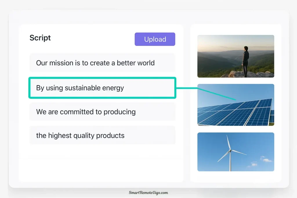 A screenshot of the Pictory AI platform demonstrating its script-to-video feature, which automatically finds relevant B-roll footage for a marketing script.