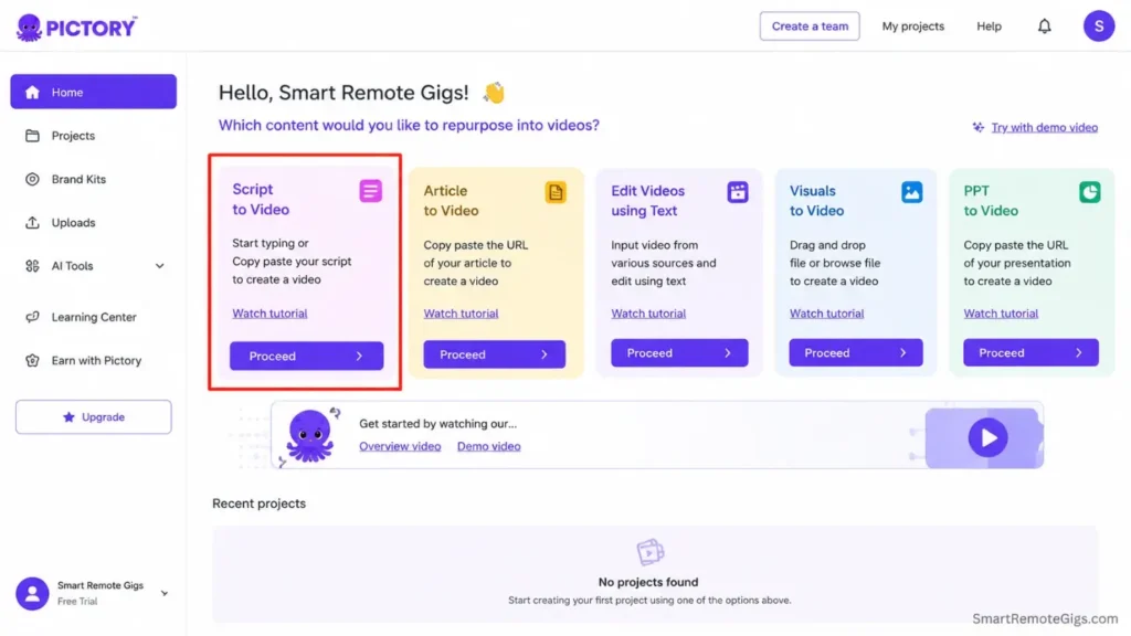 Screenshot of the Pictory AI platform showing the script-to-video interface used for A/B testing marketing hooks.