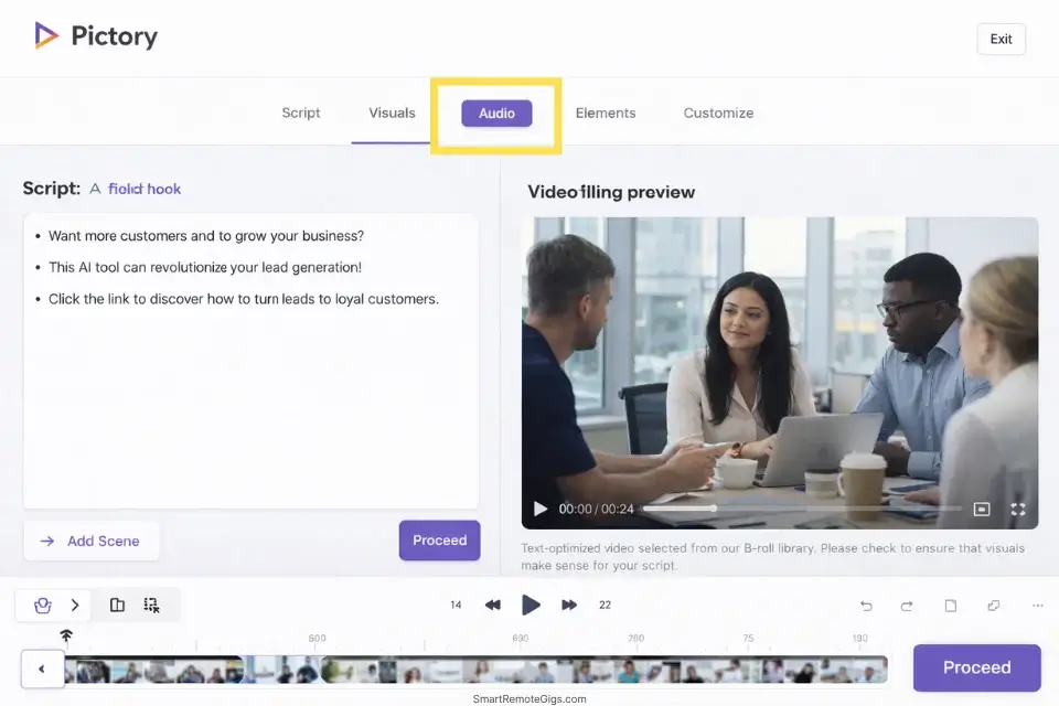 Pictory AI script-to-video workspace showing ad copy generation and ElevenLabs voiceover integration for A/B testing.