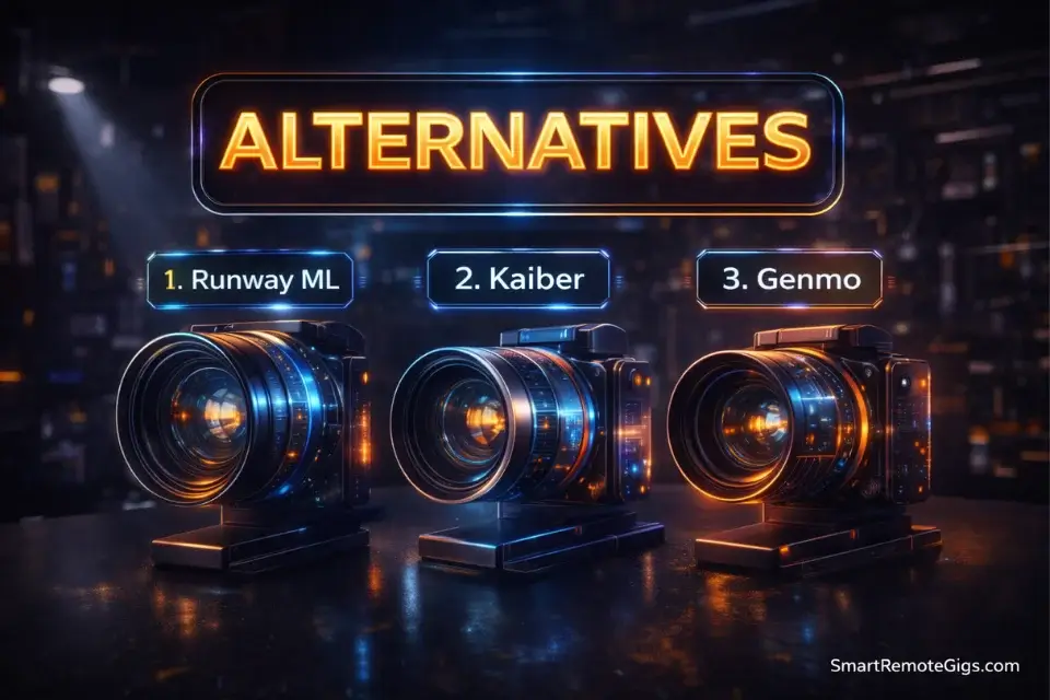 3D tech illustration representing Pika Labs AI video generator alternatives including Runway ML and Kaiber.